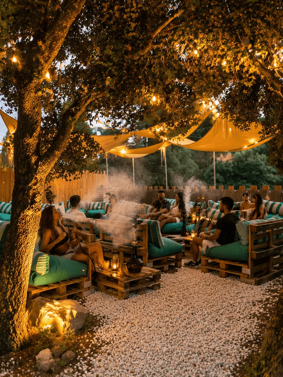 Zona de shishas y mesas en la terraza del Complejo Esgueva