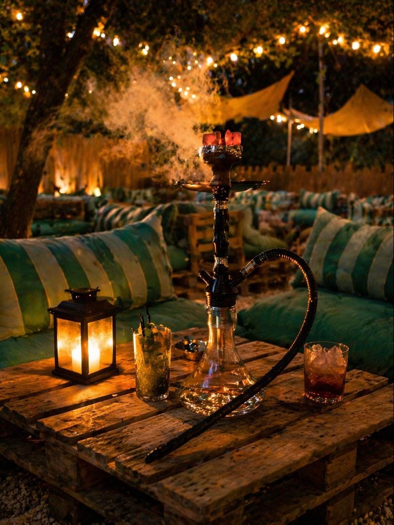 Terraza con shishas y luz cálida al anochecer